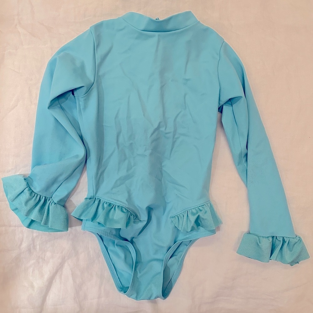 Aqua Long Sleeve Ruffle Swimsuit Bodysuit by Lison Paris 36m